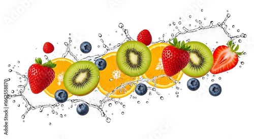 Vibrant fruit slices and berries burst with refreshing water droplets against a clean white backdrop