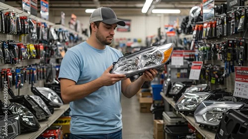 A man examines a car headlight in an auto parts store.