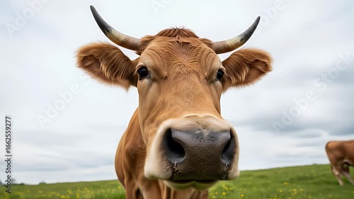 Close-up view of a curious cow's face,  looking directly at the camera in a grassy field.