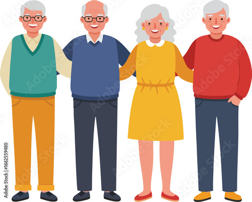 Group of elderly people standing together smiling in colorful clothing vector illustration 