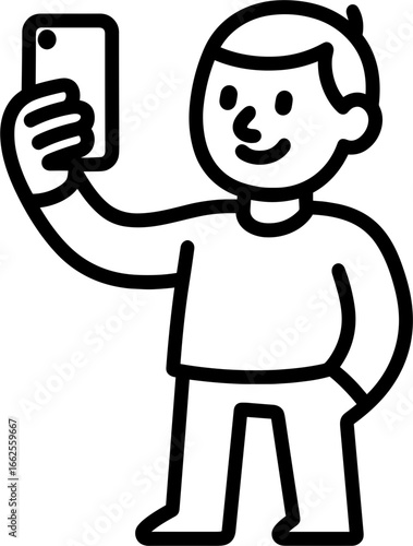 Outline Simple Person Taking Selfie with Mobile Device Line Art Icon