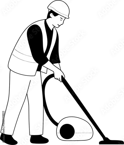 Minimalist Outline Illustration of Man Vacuuming in Uniform and Hard Hat