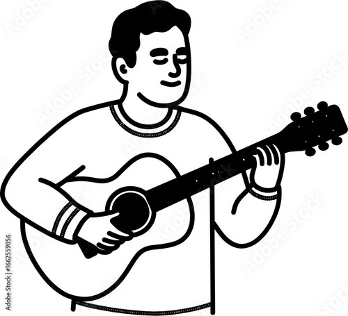 Simple Line Drawing Man Playing Guitar Acoustic Musical Instrument Illustration