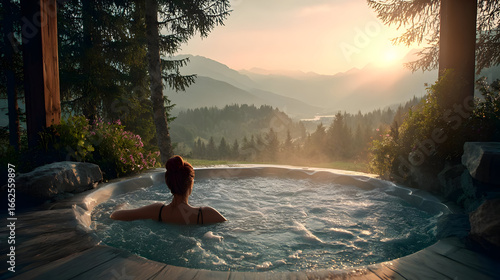 Woman Relaxing in Hot Tub with Mountain Sunset View