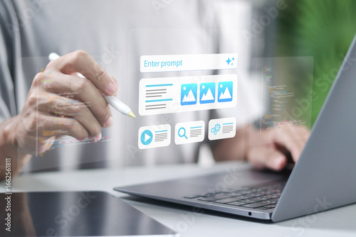 SGE, Search Generative Experience concept. Person using laptop with AI Landing Page builder generation tools. Create a website with AI powered web design.