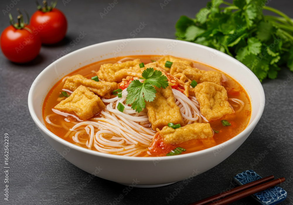 Authentic Vietnamese Bun Rieu Crab Noodle Soup, a savory broth with vermicelli, fried tofu, and fresh herbs, served in a white bowl. Authentic Vietnamese Bun Rieu Crab Noodle Soup, a savory broth with vermicelli, fried tofu, and fresh herbs, served in a white bowl.