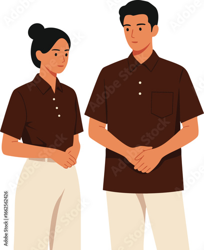 Young man and woman standing wearing brown polo shirts and beige pants casual outfit vector illustration 