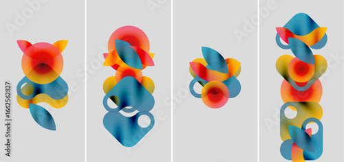 Abstract colorful shapes overlap, creating dynamic compositions. Four panels display variations, using warm, cool hues. Modern design.