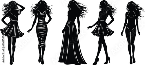 Fashion silhouette women, stylish dresses, walking models, elegant gowns, casual and formal wear, flowing hair, female figures, black and white vector