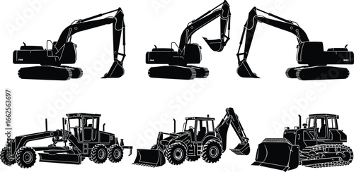 Heavy construction vehicles, excavators, bulldozers, loaders, industrial equipment, earthmoving machines, building site tools, construction machinery, silhouette illustration set