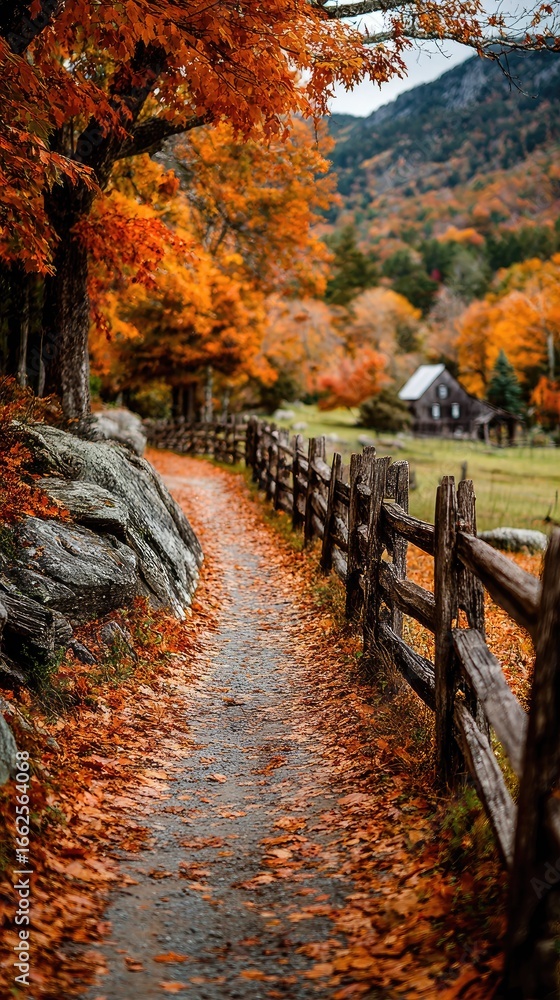 Naklejka premium Autumnal path, leaves strewn, rustic fence, distant cabin, mountains