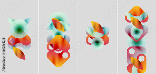 Abstract gradients form flowing shapes across four panels. Colors blend, creating dynamic visual rhythm. Soft shadows suggest depth.