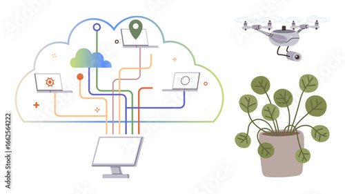 Networked devices interact through a cloud system, linking drones, laptops, and sensors. Ideal for IoT, smart agriculture, automation, data sharing cloud computing eco-tech and innovation. A