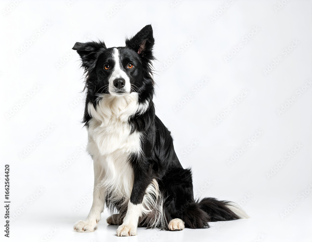 Border Collie sitting alert, white seamless background, sharp detail fur Border Collie sitting alert, white seamless background, sharp detail fur
