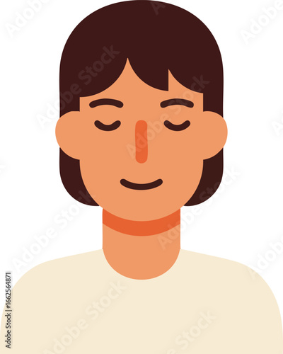 Calm woman with short dark brown hair in simple beige top relaxing with eyes closed vector illustration 