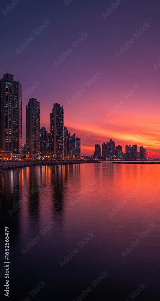 Fototapeta premium Sunrise over a city reflecting in calm water