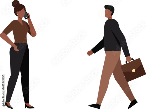 Business people walking and talking on phone vector illustration in modern casual clothes 
