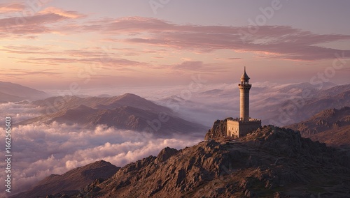 Wallpaper Mural Tower atop a mountain peak, shrouded in clouds at sunrise Torontodigital.ca