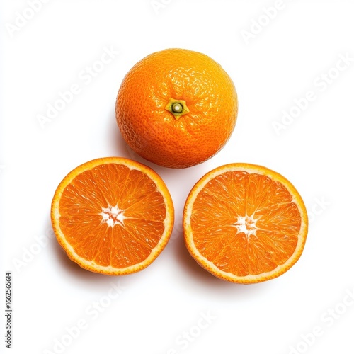 Two orange slices and whole orange, top view on white background