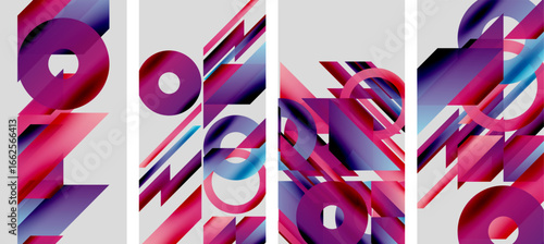 Abstract artwork. Four panels display colorful geometric shapes, forming partial words. Pink, purple, blue gradients dominate composition. Modern design.