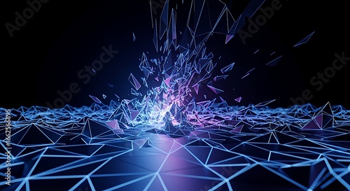 Abstract Futuristic Digital Landscape Exploding with Neon Glowing Geometric Fragments and Low Poly Surface