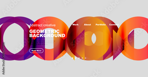 Colorful geometric shapes form abstract background. Website navigation includes work, about, portfolio, contact options. Button reads read more.