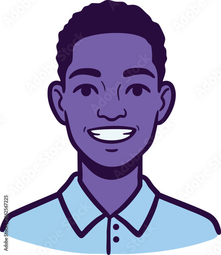 Smiling young man with blue shirt and purple skin tone digital avatar vector illustration for diverse character design 