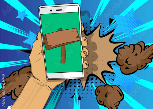 Cartoon Smartphone, comic book Telephone with wood signboard. Retro vector comics pop art design.