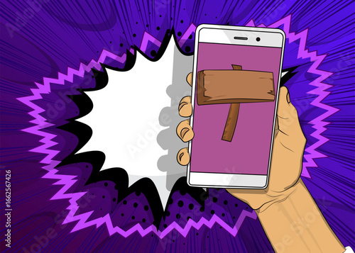 Cartoon Smartphone, comic book Telephone with wood signboard. Retro vector comics pop art design.