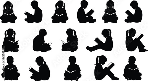 Silhouette children reading books, sitting on floor, boys and girls, education vector, student study clipart, black and white illustration