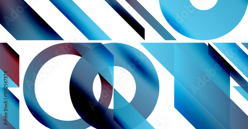 Abstract composition. Overlapping circles, lines create dynamic visual effect. Blue hues dominate, with hints crimson. Modern design.