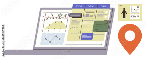 Laptop screen with kanban board, analytics charts, and user information card, alongside a map pin. Ideal for project management, productivity, analytics, teamwork, planning workflow progress