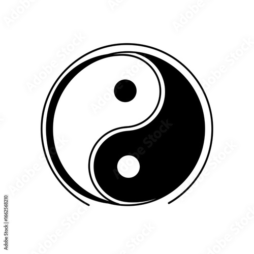 Yin yang symbol in a circle on a white background.