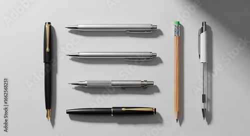 Assortment of professional writing instruments, including fountain pens, ballpoint pens, and pencils, on a clean grey background in a minimalist flat lay.