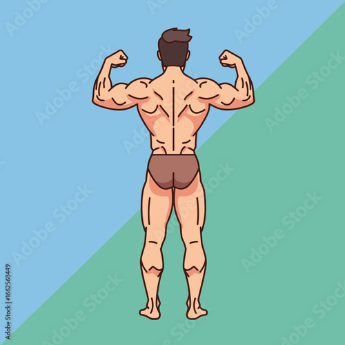 Muscular man flexing back muscles against a blue and green background.