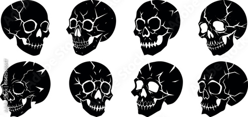Collection of Cracked Black Skull Illustrations on a White Background