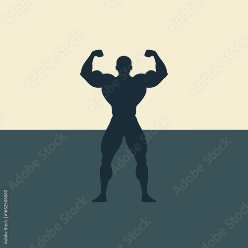 Muscular silhouette flexing arms against a muted background.