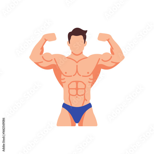 Muscular man flexing biceps and showing abs in blue briefs.