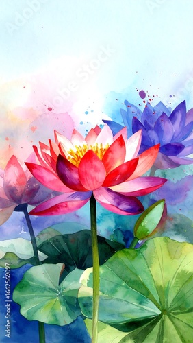 Watercolor lotus flowers