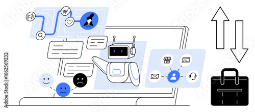 Robotic chatbot handles messages, user profiles, and tasks on a laptop screen. happy faces convey emotions. Ideal for automation, technology, workplace efficiency, AI, customer support business