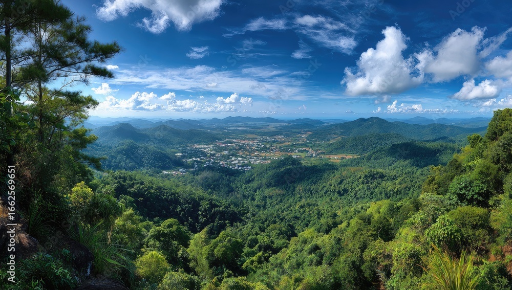 Fototapeta premium Panoramic mountain vista, lush green forests, and a valley town nestled below