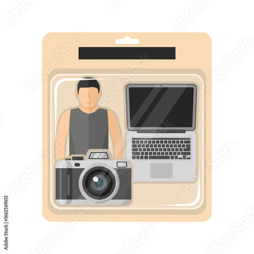 Person with camera and laptop in packaging.