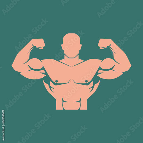 Muscular man flexing biceps against teal background.