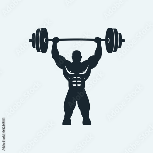 Muscular person lifting a barbell overhead in silhouette.