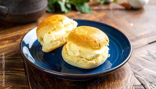 Two buttered scones on a blue plate