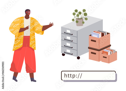 Individual interacting with files, filing cabinet, and document boxes in front of a URL bar. Ideal for workflow management, online data storage, digital filing, office organization, archival, hybrid