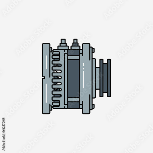Mechanical device with pulley and internal components on light background.