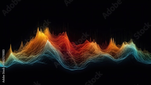 Abstract landscape with colorful peaks and valleys against a dark background with vertical lines