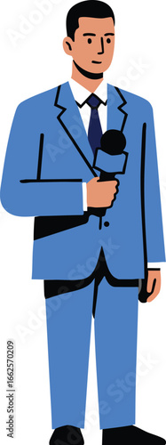 Male reporter in blue suit holding microphone vector illustration for media and journalism concepts 