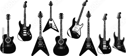 Silhouette of electric guitars, acoustic guitars, classic rock instruments, black guitar set, music instrument collection, band performance gear